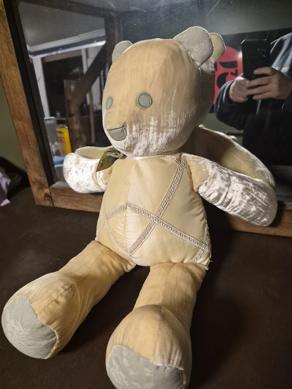 Vintage Green Frog Art Co. 22-Inch Golden Crushed Velvet & Satin Teddy Bear